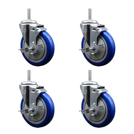 Service Caster 5 Inch Blue Polyurethane Wheel Swivel 58 Inch Threaded Stem Caster Set with Brake SCC SCC-TS20S514-PPUB-BLUE-TLB-58212-4